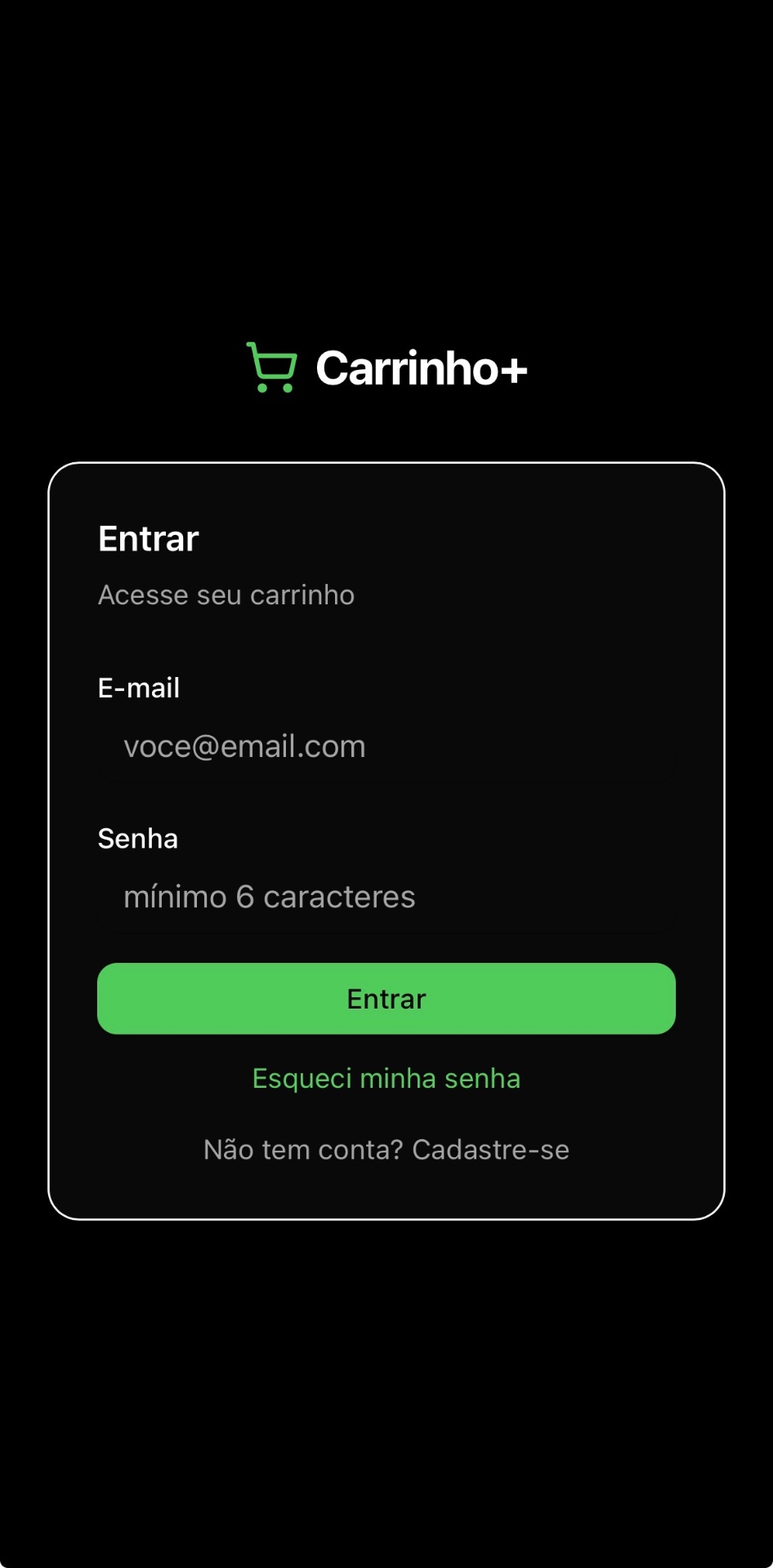 Tela de login do Carrinho+